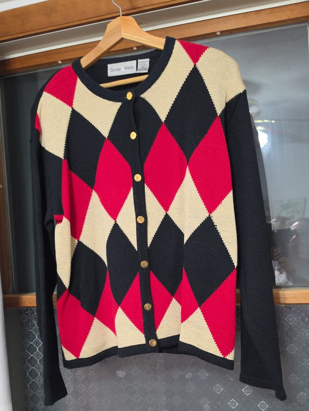 Vintage 80s Baxter Wells Cardigan Sweater Argyle Sparkly Shoulder Pads